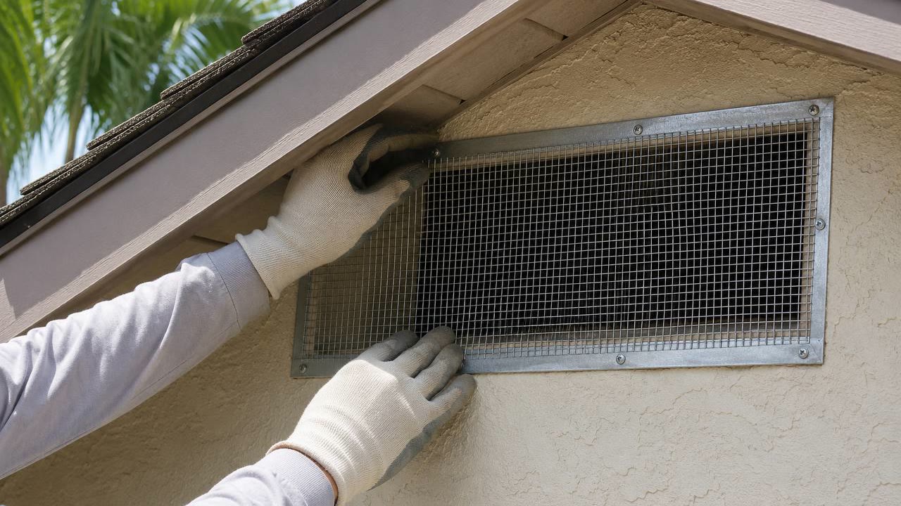 Wildlife exclusion mesh being installed over an attic vent