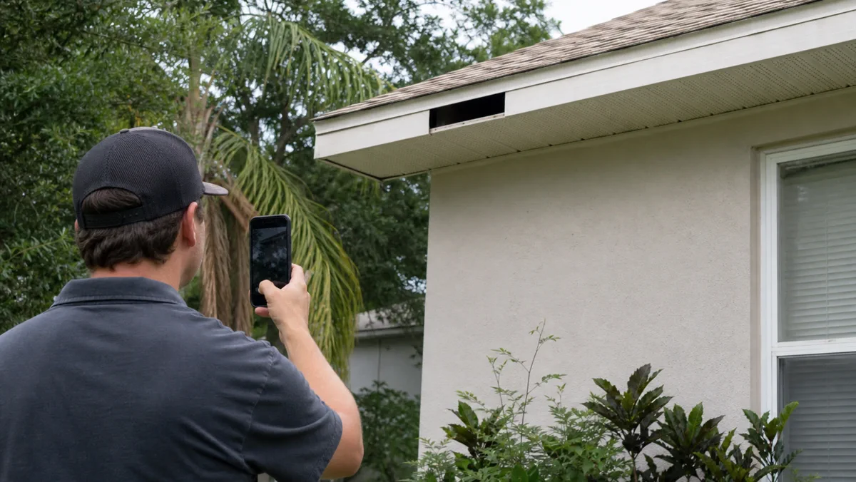 Roofline inspection photo being taken at an Orlando home with a visible soffit gap